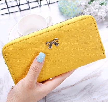 Women’s Long Wallet with Metal Bow – Soft Synthetic Leather, Elegant Design